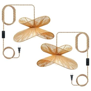 Imagem de Lustre de vime boêmio de 50 cm de largura | Luminária suspensa trançada de corda de cânhamo | Abajur DIY de camada dupla para ilha de cozinha, sala de estar, quarto e corredor (marrom, 2 peças