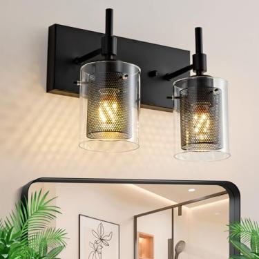 Imagem de Luminária de banheiro preta de 30,5 cm, luminária moderna de 2 luzes sobre o espelho, arandelas de parede de banheiro para espelho sala de estar quarto corredor, abajur de 2 camadas, soquete E26
