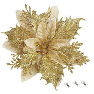 Imagem de Flores Natalinas Artificiais 24 Peças, Estampa de Flor com Glitter Dourado e Branco, para Árvore de Natal, Guirlanda e Decoração Festiva (Ouro)