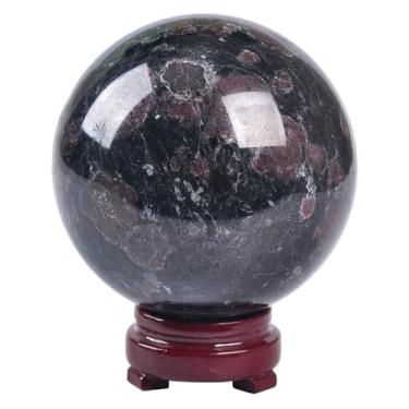 Imagem de AMOYSTONE Bola de pedra granada, esfera de quartzo natural, esfera de cristal de pedra associada à astrofilita com base de madeira