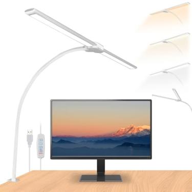 Imagem de Luminaria de Mesa LED Dupla para Escritório, Abajur com Braço Longo e Grampo - 3 Temperaturas de Cor Ajustáveis, 10 Níveis de Brilho e Proteção Ocular para Leitura, Estudo e Computador (Branco)