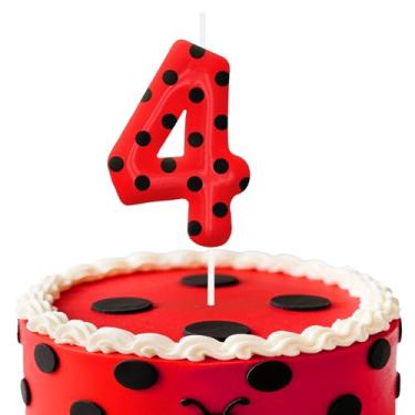 Imagem de Velas de aniversário de joaninha número 4, topo de bolo de bolinhas vermelhas e pretas para meninos e meninas, decorações de aniversário, suprimentos de festa, velas numéricas para decoração de festa