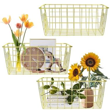 Imagem de Cesta de armazenamento de arame pequena resistente para alimentos de cozinha, papéis de despensa, mesa e prateleira de escritório em casa, lavanderia, quarto, ouro, 3 peças