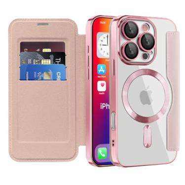 Imagem de Asdsinfor Capa flip para iPhone 16 Pro, capa de couro transparente, galvanizada, resistente, proteção 360, carregamento sem fio, anti-derrapante, compartimento para cartão, capa carteira para Apple