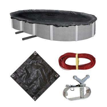 Imagem de Capa de inverno azul ondulada de 3,8 m x 7,6 m de malha oval robusta acima do solo piscina