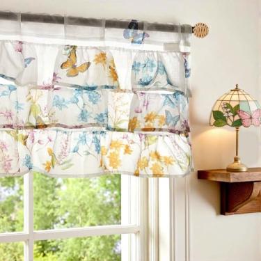 Imagem de jinchan Cortina floral com babados para janelas, saia branca para cozinha, sala de estar, casa de fazenda, filtro de luz, voile shabbychic 45,7 cm, estampa de borboleta, design de bolso para varão, 1