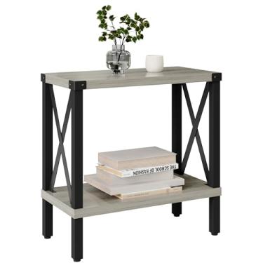 Imagem de MMEOLUOOK Mesa de canto estreita, mesa lateral de sofá grande, mesa de cabeceira de fazenda com prateleira de armazenamento, mesa de cabeceira fina para sala de estar, quarto, lounge carvalho MLBZ17Z