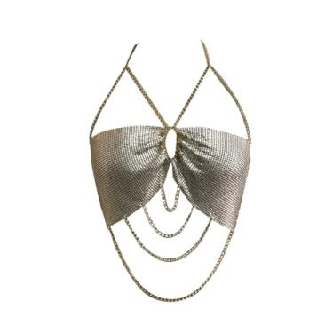 Imagem de Top cropped de lantejoulas dourado fosco top metálico no peito corrente corporal borla cristal brilhante colar camiseta regata Y2K acessórios de biquíni para mulheres, Large