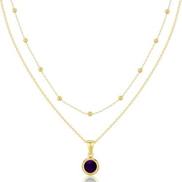 Imagem de Jewanfix Colar em camadas banhado a ouro 14K feminino diamante esmeralda colar de pedra do mês de nascimento colar de ouro delicado colar rosa azul-petróleo cubo zircônia pingente colar joia feminina