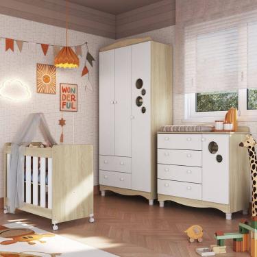 Imagem de Quarto de Bebê Completo Aquarela 4 em 1 com Colchão Carvalho Araguaia/Branco - Pnr Móveis