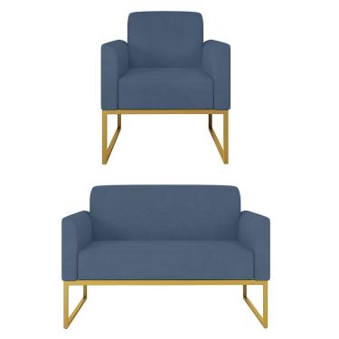 Imagem de Kit Namoradeira e 1 Poltrona Decorativa Base Industrial Dourada Maressa S04 Suede Azul Marinho - Ibiza