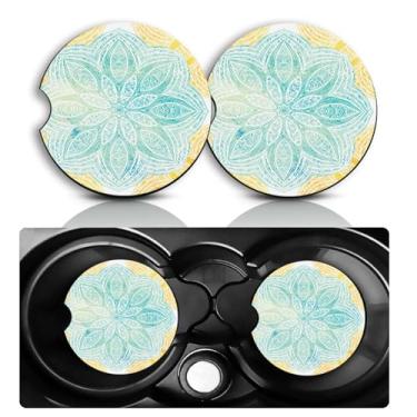 Imagem de Conjunto de 2 porta-copos de carro mandala, acessórios para carro, mandala, verde, divertido, 7 cm, tamanho universal, tapete de borracha antiderrapante, porta-copos embutidos, decoração de datura