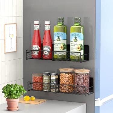 Imagem de FITIMOR Pacote com 2 suportes magnéticos para geladeira, prateleira magnética preta com 4 ganchos removíveis, prateleira magnética à prova de ferrugem para geladeira, forno, condimentos, óleos