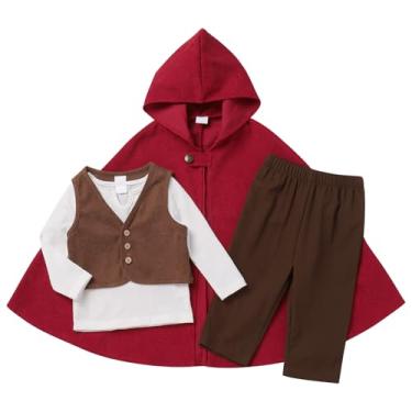 Imagem de FYMNSI Conjunto medieval para bebês meninos, capa de Halloween, colete e calça, 4 peças, vestido para aniversário, cosplay, festa, Vermelho, 9-12M