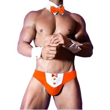 Imagem de Avidlove Cuecas masculinas sensuais, lingerie de cavalheiro, laço com laço, fantasia cosplay, shorts e gravata borboleta, conjunto com 4 peças, Laranja, P