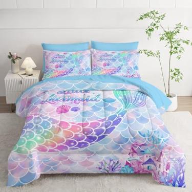 Imagem de Smell Sunshine Jogo de cama com estampa de cauda de sereia arco-íris, 7 peças, com 1 edredom, 1 lençol de cima, 1 lençol com elástico e 4 fronhas para quarto de meninas (sereia-3 queen)