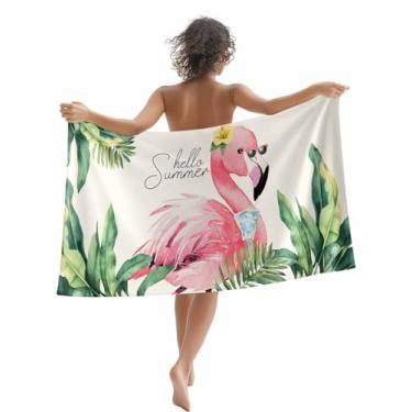 Imagem de Toalha de praia verão rosa flamingos microfibra toalha livre de areia, folha de palmeira em linho toalhas de viagem de secagem rápida absorvente macio para mulheres homens piscina banheiro férias