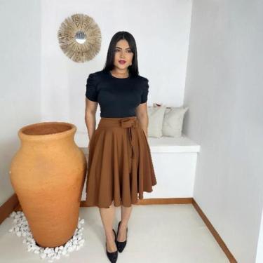Imagem de Saia Midi Godê Moda Evangélica Feminina - Miss Flower, Marrom, M