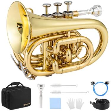 Imagem de Eavnbaek B Trompete plano de latão Bb com bocal 7C, kit de limpeza, estojo de transporte e luvas para estudantes iniciantes (ouro)