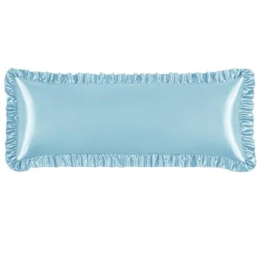 Imagem de NSGZ Fronha de cetim com babados, fronhas sedosas tamanho corporal para cuidados com o cabelo e a pele, fronhas de cetim azul bebê com fecho de envelope, fronhas antirugas para decoração de quarto de