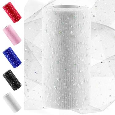 Imagem de Swpeet Rolo de tecido de tule branco com glitter de 15 cm por 50 metros, carretel de tecido, fita de tule brilhante, carretel de poliéster para decoração de festa de aniversário faça você mesmo