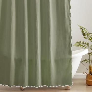 Imagem de MONDAY MOOSE Cortina de chuveiro de trama waffle recortada com orifícios de metal à prova de ferrugem para banheiro, lavável na máquina, ganchos incluídos (183 x 183 cm, branco/sálvia)