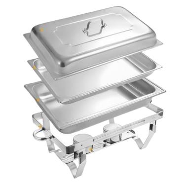 Imagem de Inox Profissional 9L com 1/2 Panelas Banho Maria e 2 Cubas para Buffet, Festas e Marmita Térmica - Chafing Dish Inoxidável, Recipiente com Isolamento Térmico(1 grade)