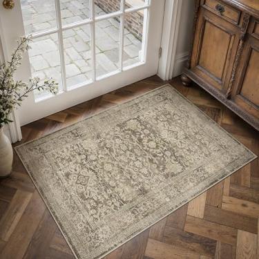 Imagem de HUGEAR Tapete de entrada 2x3 vintage marrom pequeno tapete lavável à máquina tapete de porta retrô floral baixo tapete aspirável envelhecido tapete entrada cozinha banheiro quarto antiderrapante leve