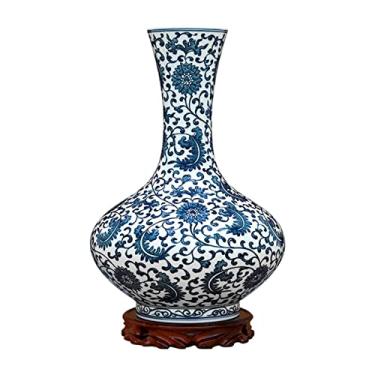 Imagem de Vaso de flores vaso de cerâmica chinês pintado à mão azul e branco vaso de flor de porcelana 33,4 cm grande decoração vasos de arranjo de flores com decoração de base