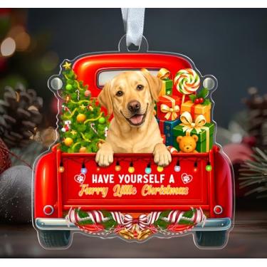 Imagem de Ornamento de acrílico Labrador Retriever - Have Yourself A Furry Little Christmas - Caminhão vermelho de Natal - Decoração festiva de Natal - Pendurado em árvore de Natal