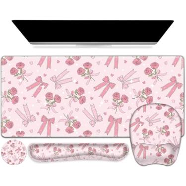 Imagem de Mouse pad rosa com suporte de pulso, conjunto 4 em 1, 2GG grande jogo mousepad + teclado descanso de pulso + base para descanso de pulso + porta-copos tapete de jogos para casa, escritório, computador