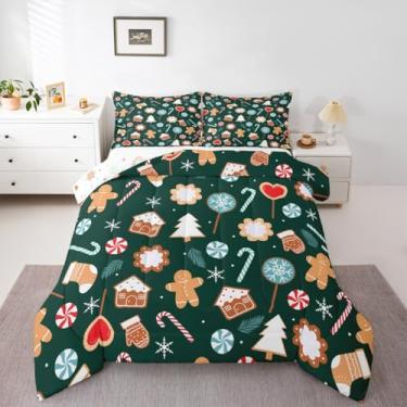 Imagem de jejeloiu Conjunto de cama de Natal macio para meninos e meninas, conjunto de edredom casal com estampa de bengalas doces de microfibra, decoração de Natal, decoração de quarto, 3 peças com 2 fronhas