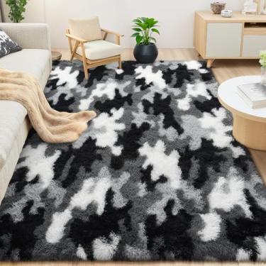 Imagem de AROGAN Tapetes macios e felpudos, para quarto de meninas, sala de jogos, 9 x 12 m, tapete fofo fofo de princesa colorido para crianças, adolescentes, berçário, quarto, camuflagem, preto e branco