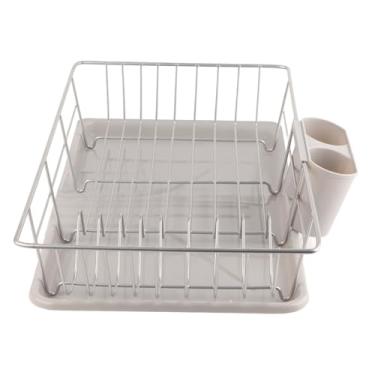 Imagem de Xcello Prateleira de armazenamento de pratos de metal, escorredor, utensílios de cozinha, bandeja de mesa com bandeja de gotejamento integrada e suporte removível para pauzinhos