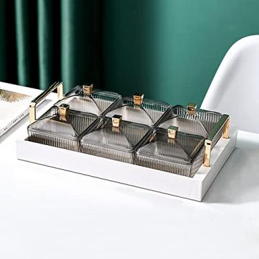 Imagem de Prato de lanche de plástico com bandeja, pratos de servir divididos, bandeja para saborear 6 tigelas removíveis para aperitivo, sobremesa, frutas, doces, lanches, branco