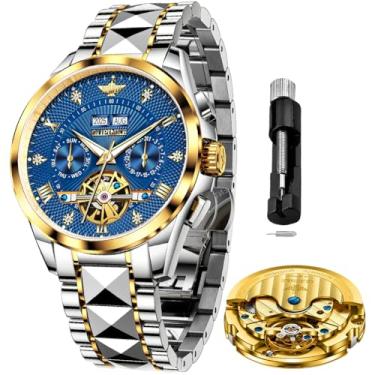 Imagem de OLEVS Relógios automáticos masculinos mecânicos luxuosos com corda automática, vários calendários, aço inoxidável, à prova d'água, relógios de pulso para homens, relógios azuis 3270, relógio masculino