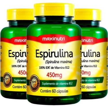 Imagem de Kit 3 Espirulina com Vitamina B12 450mg 60 Cápsulas Maxinutri