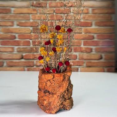 Imagem de Tronco Decorativo Rústico com Flores Sempre Vivas, 25 cm, Casca Natural, Arranjo Artesanal para Decoração (TRONCO-08)