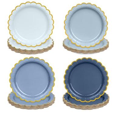 Imagem de AimFun Pratos de papel azul empoeirado, cor gradiente, pratos descartáveis de festa de sobremesa, prato recortado, folha dourada de 18 cm, para Natal, chá de bebê, casamento, chá (48, azul empoeirado)