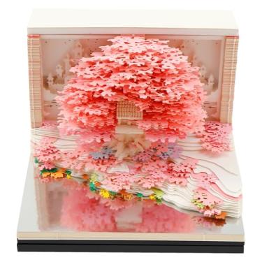 Imagem de Calendário de mesa 3D 2026 com luz de LED, bloco de notas, arte de papel, decoração de mesa com caixa de acrílico, presente criativo para professores de férias em casa, escola, férias (árvore rosa)