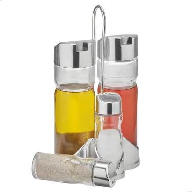 Imagem de DomEasy Galheteiro 5 Peças em Vidro com Suporte Cromado, Conjunto para Azeite, Vinagre, Sal e Pimenta, Design Moderno, Transparente, 20x20x20 cm