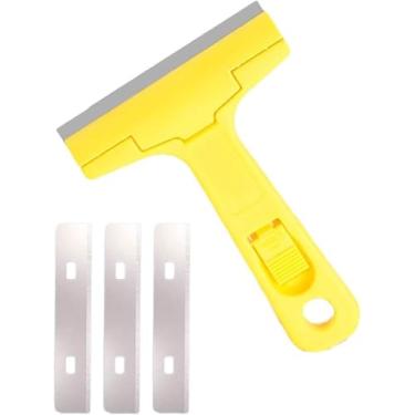 Imagem de Raspador de Vidro Profissional, Suporte Plástico Amarelo, 4 Lâminas em Aço Carbono Removíveis, Design Ergonômico, com Furo para Pendurar