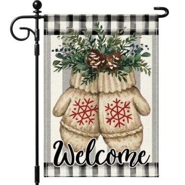 Imagem de OTOSTAR Luvas floco de neve azevinho bem-vindo bandeira de jardim de Natal 30,5 x 45,7 cm dupla face xadrez búfalo inverno feriado quintal bandeira decorativa ao ar livre