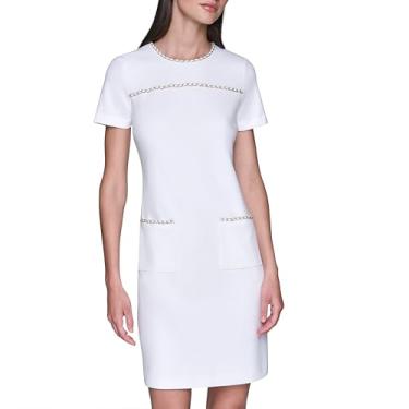 Imagem de Karl Lagerfeld Vestido feminino de manga curta com acabamento em corrente de crepe Scuba, Branco macio, 44
