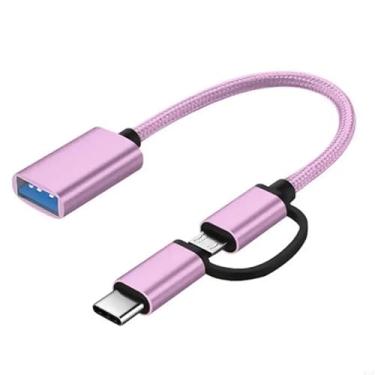 Imagem de Cabo Adaptador OTG 2 em 1, Micro USB e Type-C para USB 3.0, Metalizado, 15cm, Compatível com Smartphones Android, Para Mouse, Teclado e Disco U (Rosa)