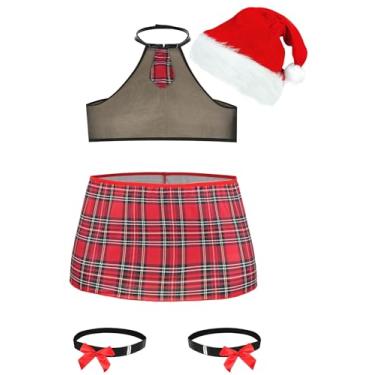 Imagem de FEOYA Xmas Costumes with Santa Hat for Men Christmas Lingerie Set Choker Neck Crop Top and Red Plaid Skirt 2XL