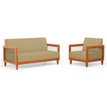 Imagem de Kit Poltrona E Sofá Varanda Samoa Madeira Maciça Com Cordas Náutica Linho Dourado - Desk Design