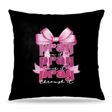 Imagem de FITIE Pray on It Pray Over It Pray Through It Capas de almofada com laço rosa 45,7 x 45,7 cm, presentes de oração para mulheres, presentes cristãos religiosos para mulheres, decoração de casa cristã,