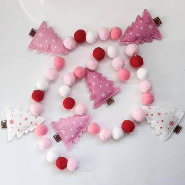 Imagem de Doumeny Faixa de guirlanda de feltro de árvore de Natal rosa 3D Banner de bola de pompom Feliz Natal feriado decorativo pendurado feltro de festa de inverno bandeira Be Merry Guland Bunting para
