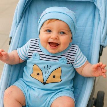 Imagem de Conjunto Macacão Curto + Touca Raposinha Bebe Menino Tam RN a 04 Meses